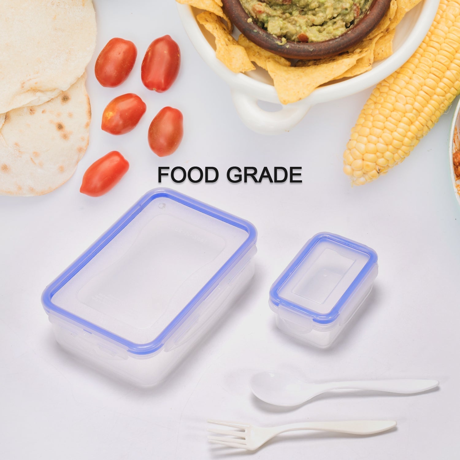 Lunch box with 4 side locks, small square container included Lunch box with 4 side locks, small square container included